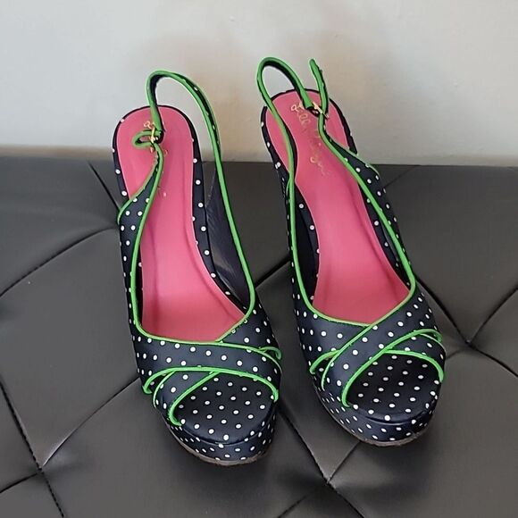 Lilly Pulitzer Polka Dot Wedge Peep Toe Sandals Navy White - Picture 1 of 11